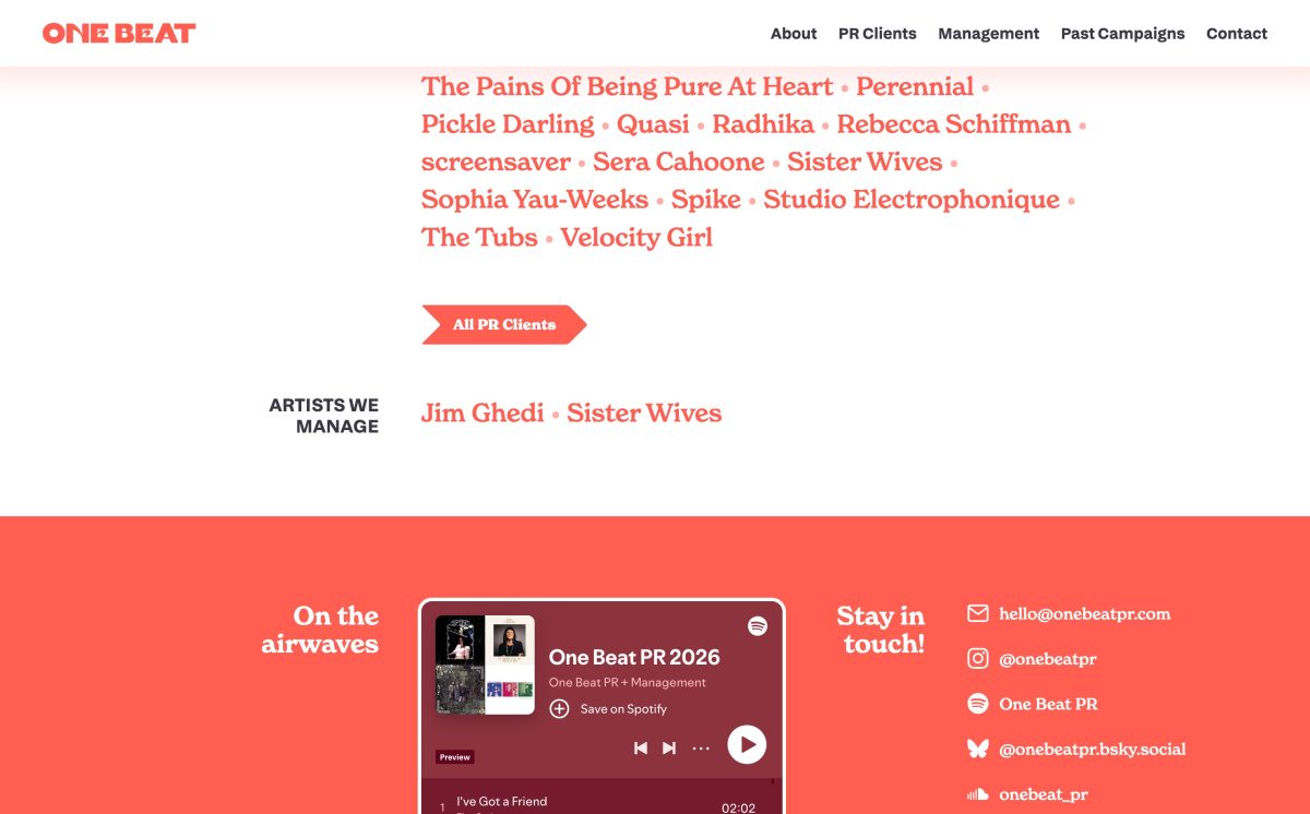 The homepage of the One Beat PR website, viewed on a desktop screen. In the top-left corner is the site's logo, in a pastel red, thick, all-caps serif with a seventies slant. Directly opposite the logo on the right-hand side is the site menu, containing links to 'About', 'PR Campaigns', 'Management', 'Past Campaigns' and 'Contact'. In the main content section, the following artists and bands are listed: 